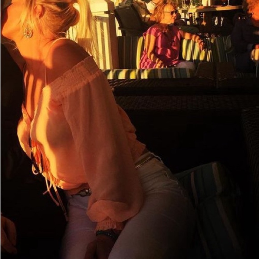 Off the shoulder, peach color, long sleeve